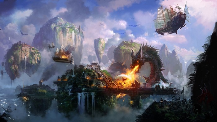 Dragon attacking floating islands with airships