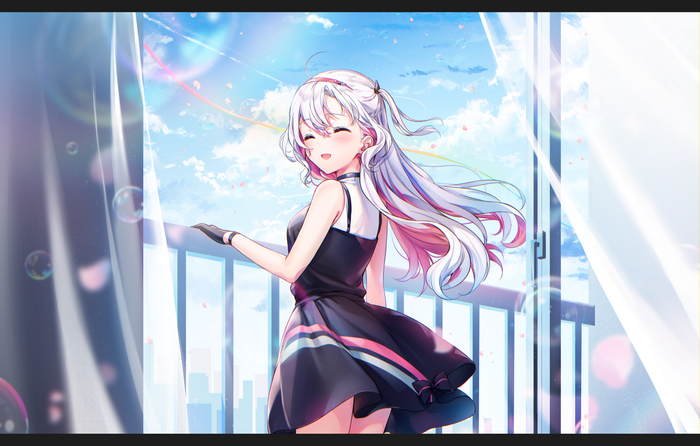 Komeshiro Kasu in a black dress on a balcony