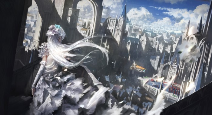 Fantasy Kingdom with Woman in White Dress