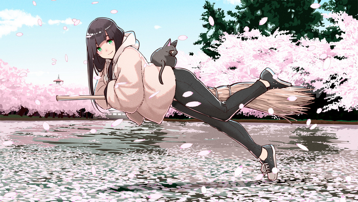 Makoto Kowata from Flying Witch on a broom with a cat