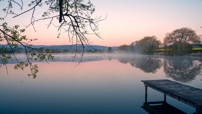 Misty lake at sunrise with wooden pier and trees