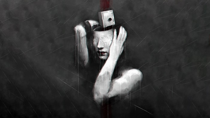 Surreal artwork of a melting face with a safe on its head