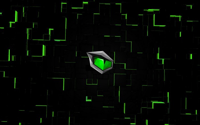 Monster logo with green gem on black background