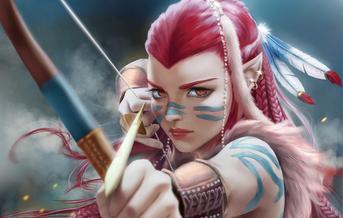 Fantasy elf archer with red hair and war paint