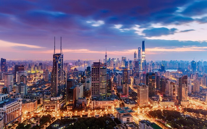 Shanghai skyline at dusk with Oriental Pearl Tower