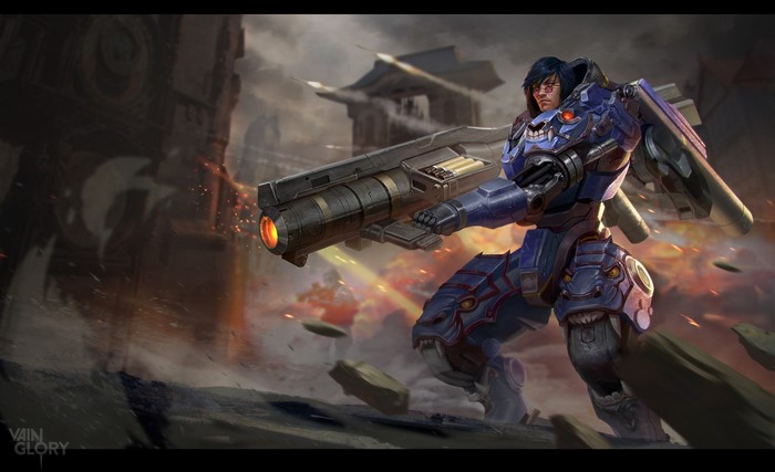 Warrior in blue armor with a large gun