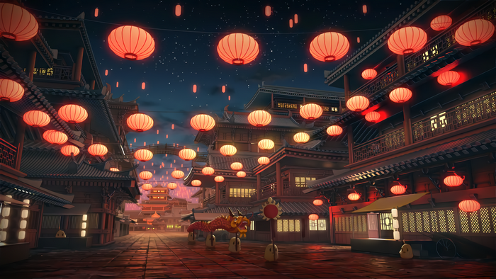 Azur Lane anime Asian architecture street with lanterns