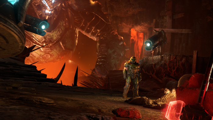 Doom Slayer from DOOM Eternal in a hellish landscape