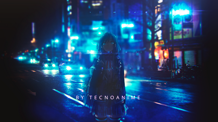 Anime girl in a blue-lit city at night