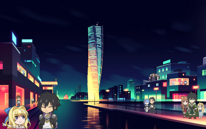 Isekai Quartet characters in a futuristic city at night
