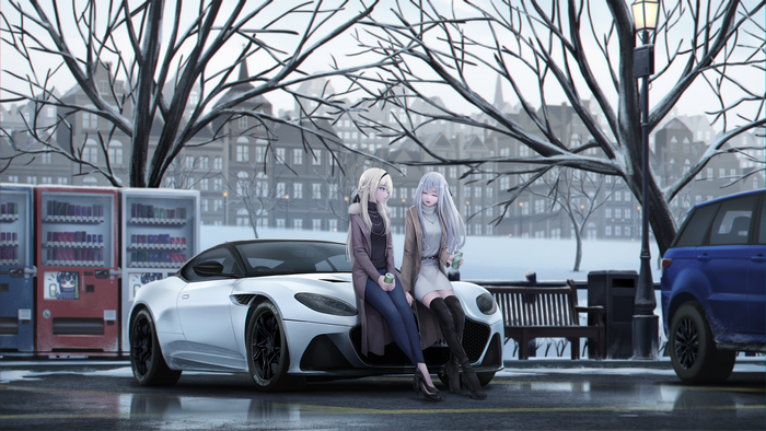 Anime girls in winter with cars and vending machines