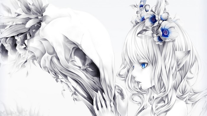 Anime girl with blue eyes and white hair with flowers