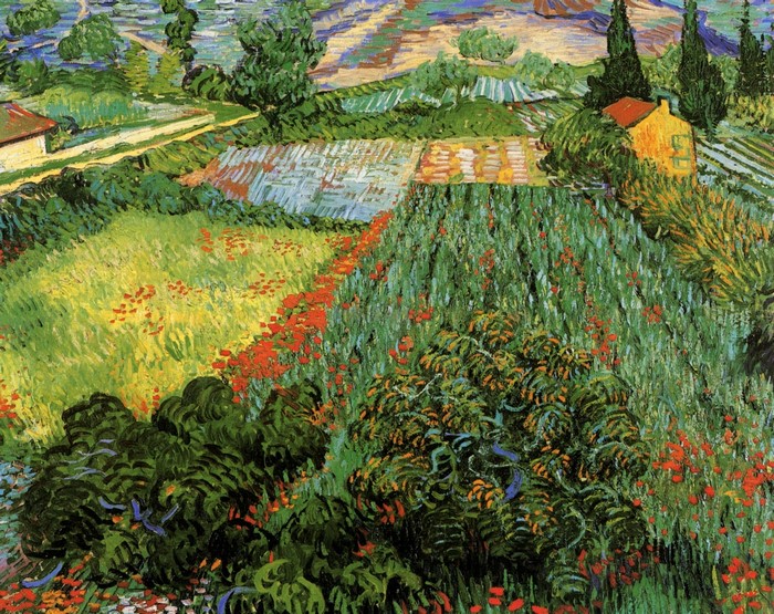 Vincent van Gogh's painting of a landscape with fields and houses