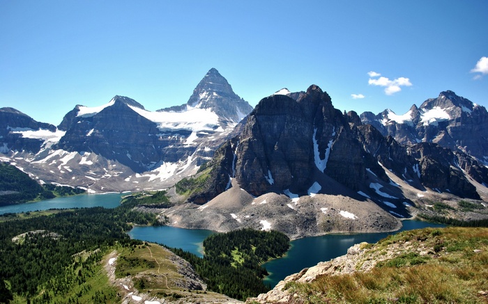Mountain range with lakes and pine forest