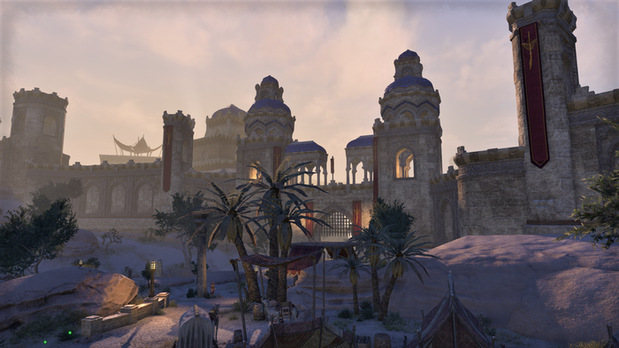 The Elder Scrolls Online desert fortress with banners and palm trees