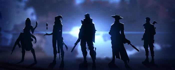 Silhouettes of Valorant characters in front of a blue nebula