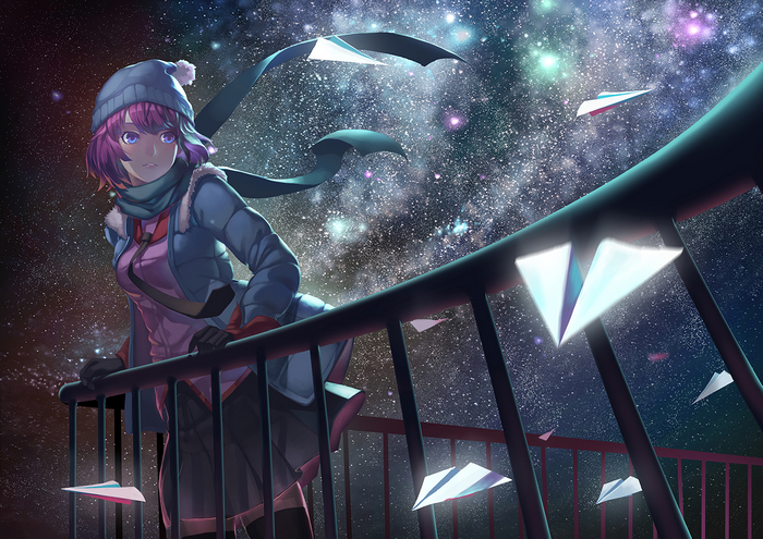 Anime girl with violet eyes and short hair releasing paper planes into a starry night sky