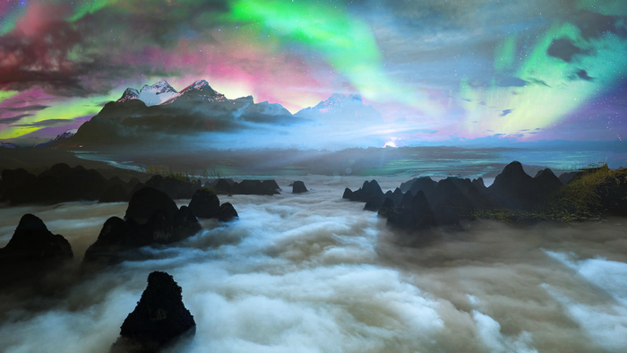 Digital art of mountains under Aurora Borealis
