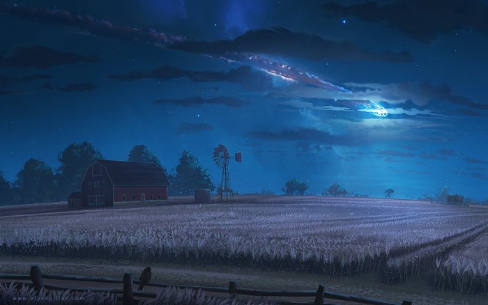 Night scene with barn and field by Alyn Spiller