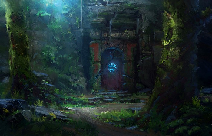 Ancient overgrown stone doorway with glowing symbol