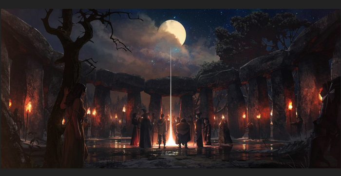 People gathered at ancient stone circle under the moon