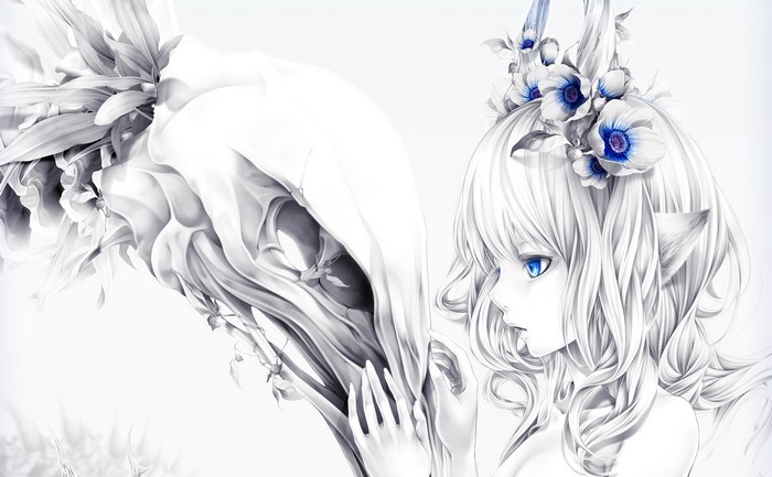 Girl with blue eyes and white hair with flowers on head near skull