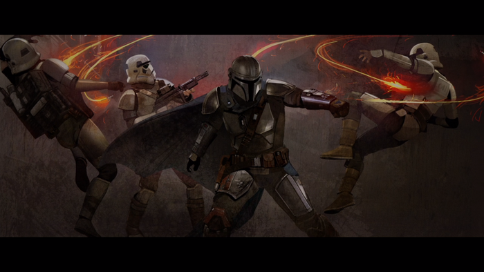 The Mandalorian fighting Stormtroopers