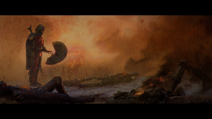 The Mandalorian and Grogu amidst fallen droids