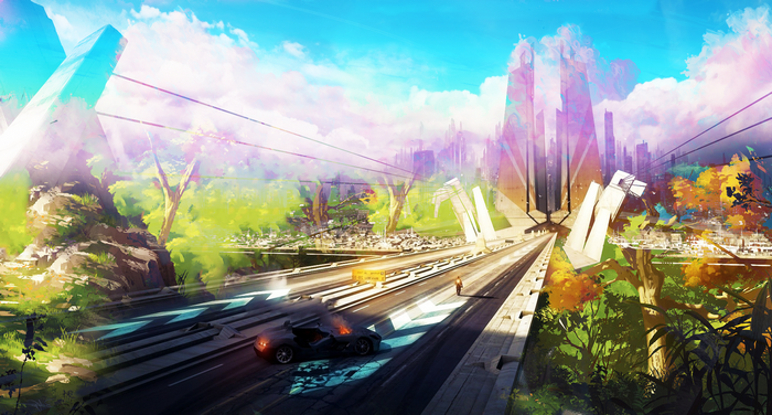 Futuristic city with burning car on a bridge