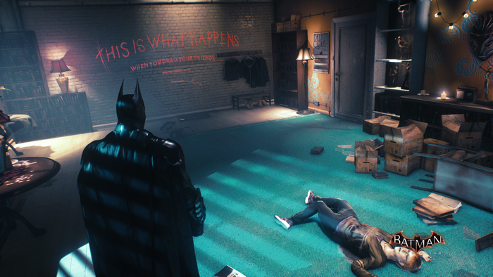 Batman from Batman: Arkham Knight in a crime scene