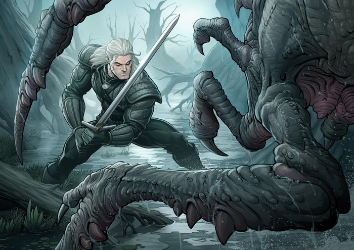 Geralt of Rivia from The Witcher fighting a creature in a swamp