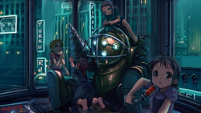 Anime girls with Big Daddy from BioShock