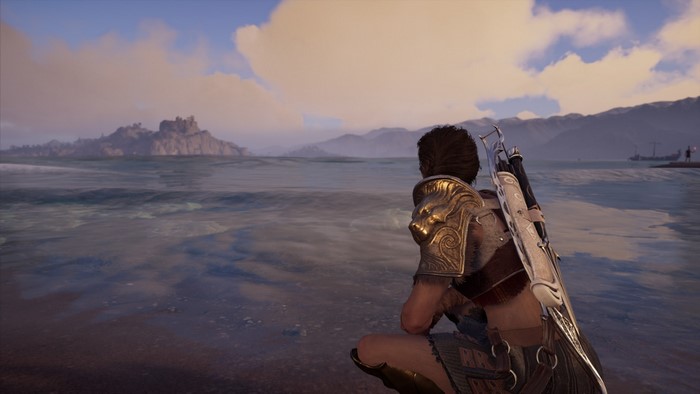 Kassandra from Assassin's Creed: Odyssey on a beach