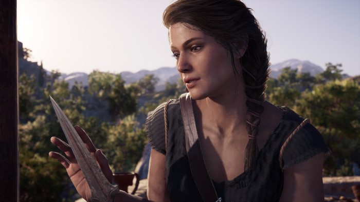 Kassandra from Assassin's Creed: Odyssey holding a dagger