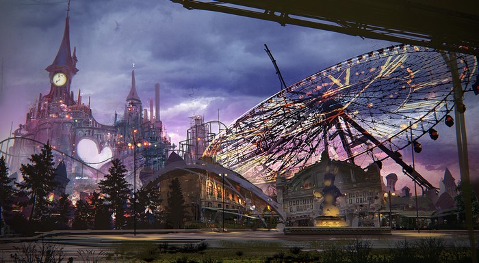Fantasy amusement park with Ferris wheel and castle