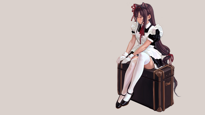 Anime girl with cat ears in maid outfit sitting on a trunk
