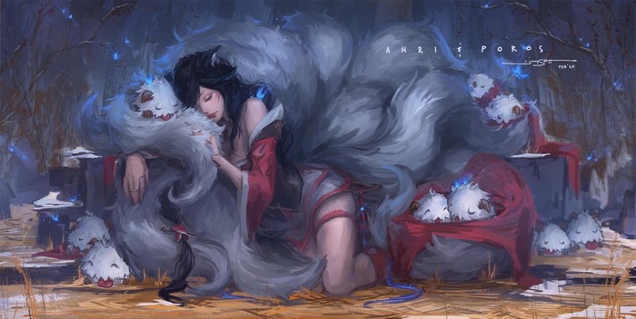 Ahri and Poros from League of Legends sleeping