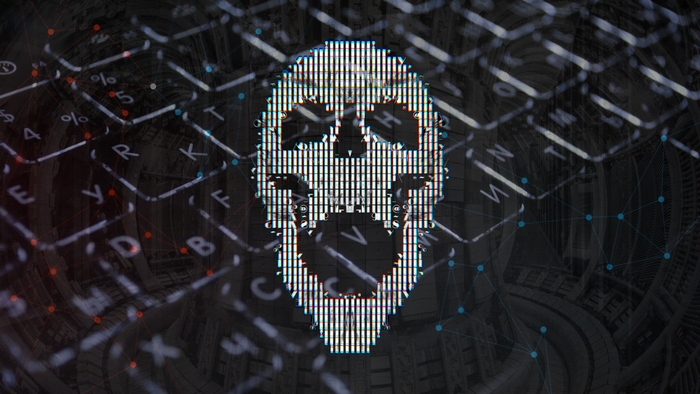 Digital Skull on Keyboard with Network Overlay