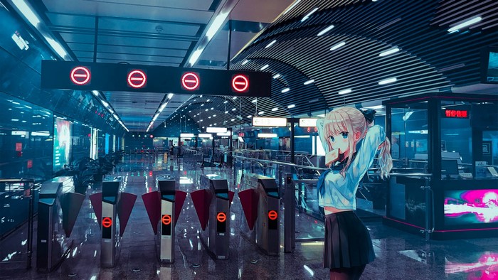 Anime girl in a train station