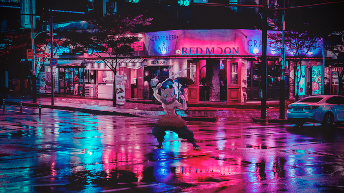 Inosuke Hashibira from Kimetsu no Yaiba in a neon city at night