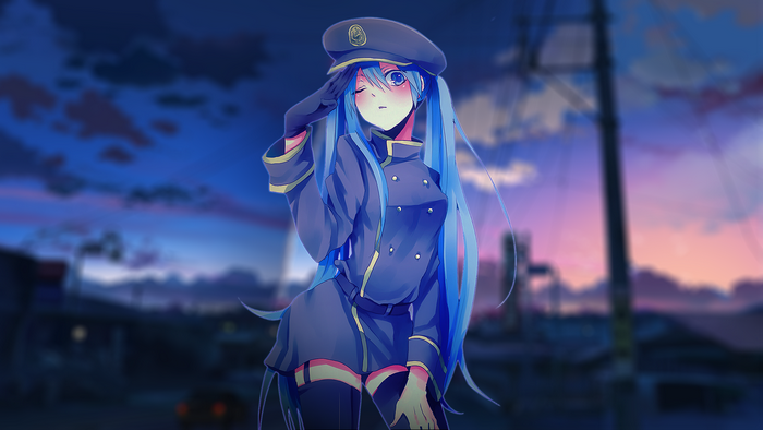 Anime girl in uniform saluting at dusk