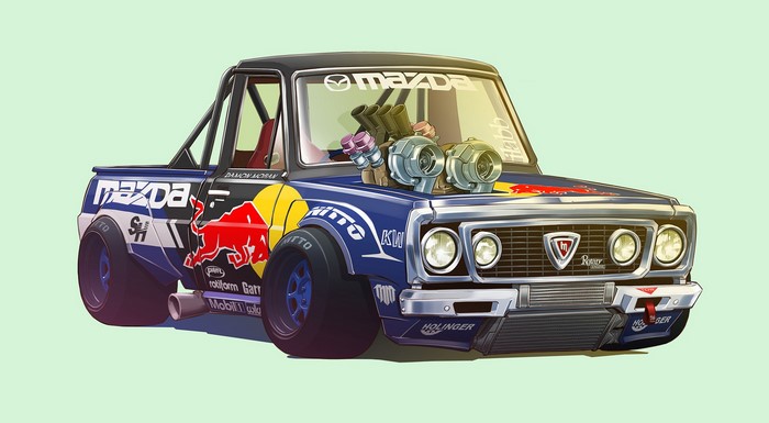 Cartoon Mazda Repu truck with twin turbos