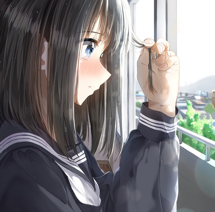 4K Portrait of Blushing Anime Girl in School Uniform