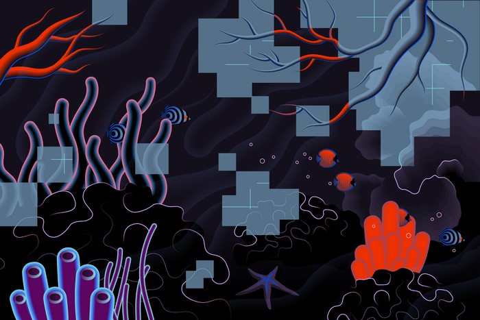 Psychedelic Underwater Illustration with Fish and Coral