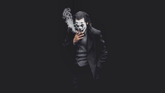 Joker smoking a cigarette with 'HAHA' smoke