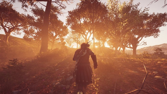 Kassandra from Assassin's Creed: Odyssey in a forest at sunrise