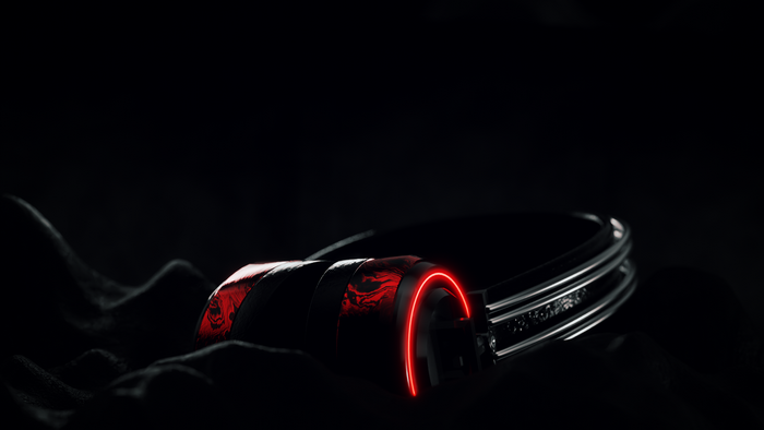CG headphones with red neon accents on dark fabric
