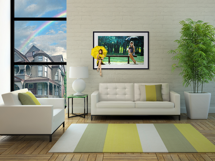 Living room with window view of rainbow and house