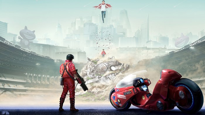 Kaneda and motorcycle from Akira in a ruined city