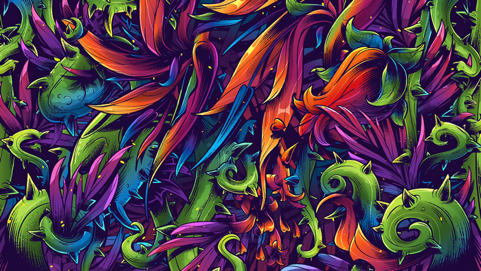 Abstract digital art of colorful thorny plants